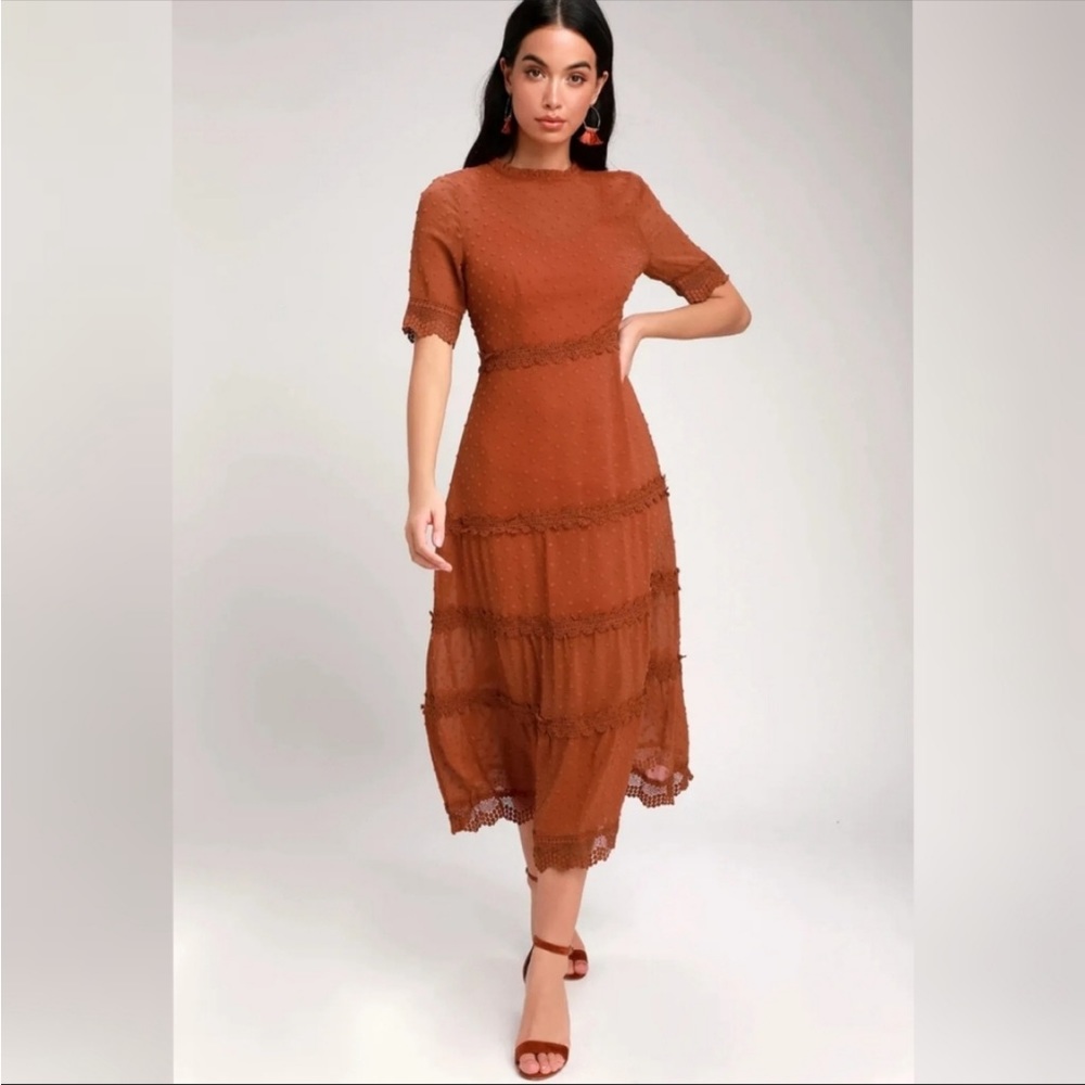 NWOT Lulu’s Rust Swiss Dot Crocheted Lace Dress Dreaming of You 408